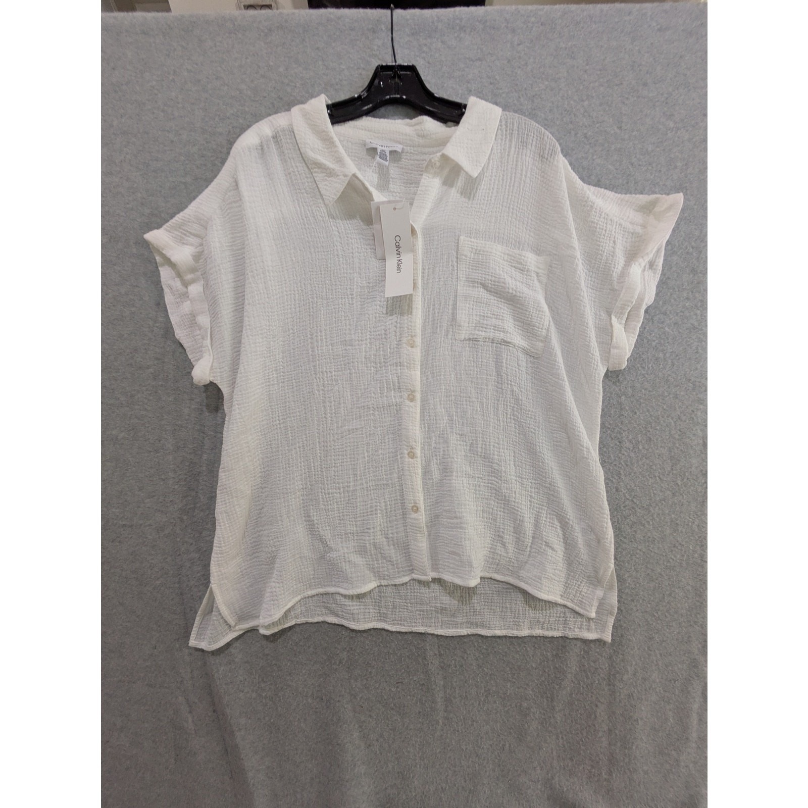 Calvin Klein Shirt Womens XL 100% Cotton Gauze Button Up Short Sleeve Cream NWT