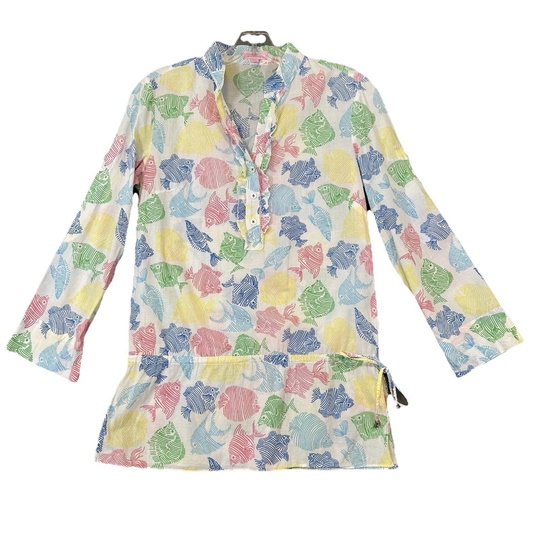 Lilly Pulitzer Tunic Cover-up White Marine Fish Print Size 0 Resort Wear Beach
