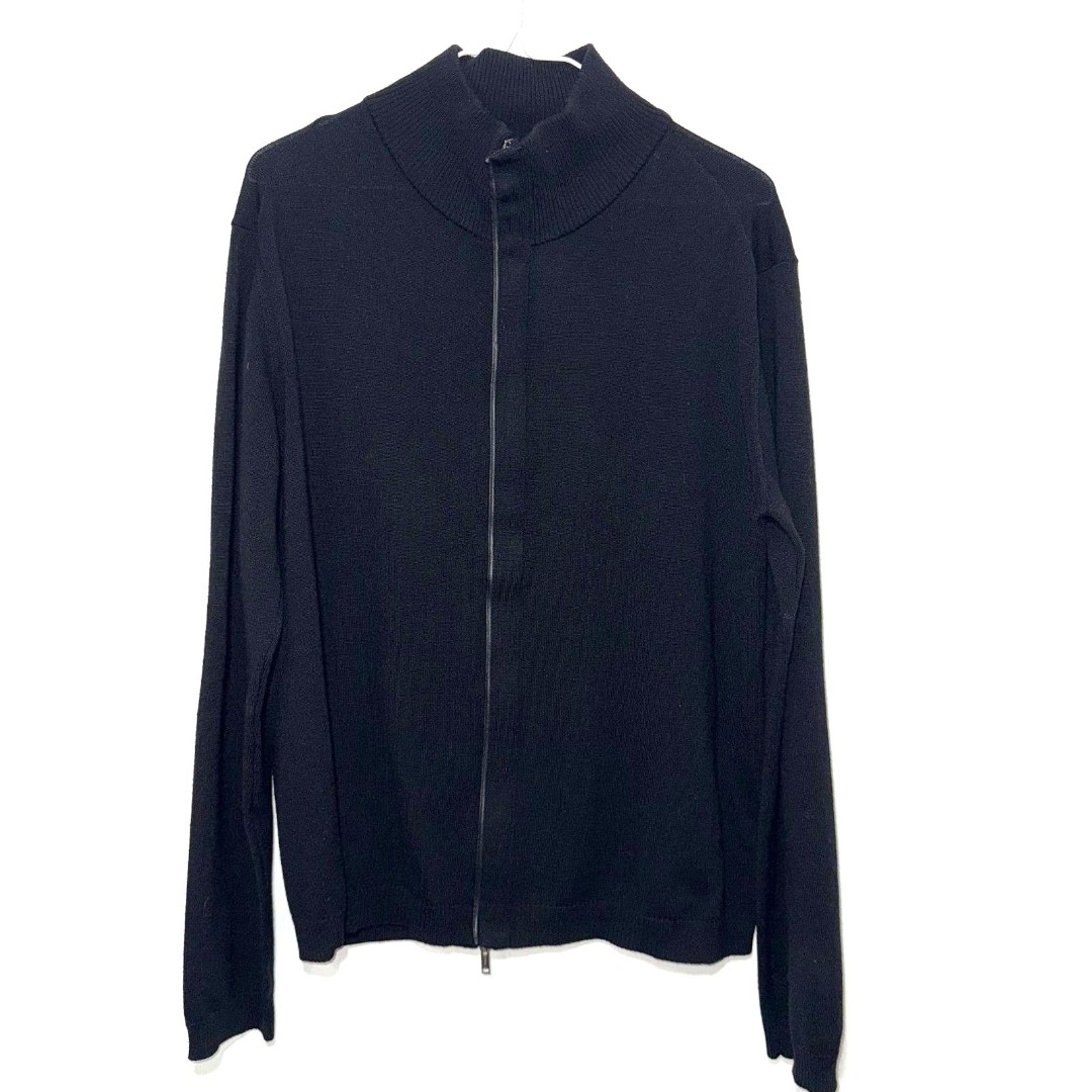 Z Zegna Classic 100% Wool Leather Trim Zip Up Cardigan Sweater - Black L