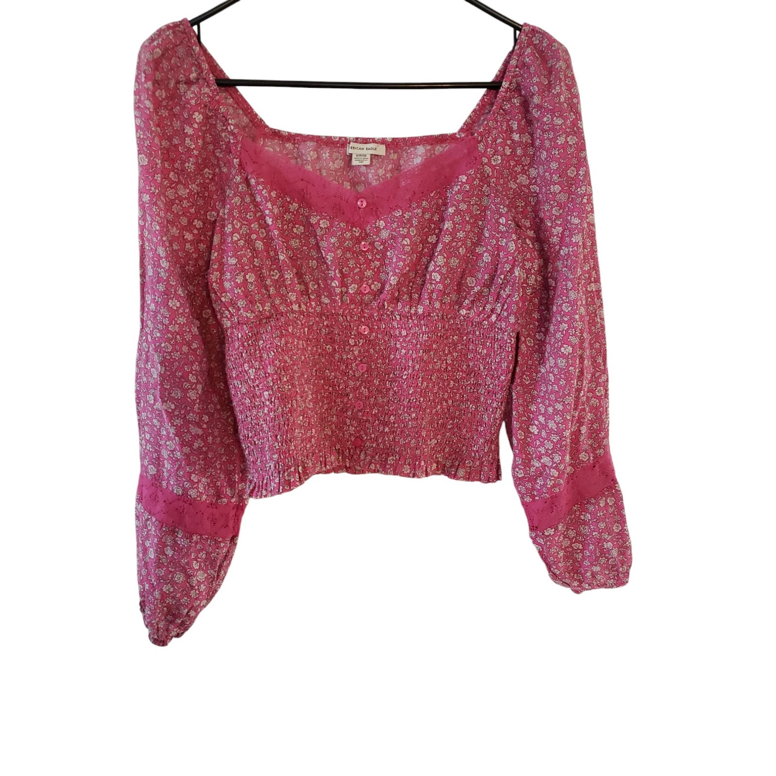 American Eagle Crop Top Long Sleeve Pink with white flowers Size S