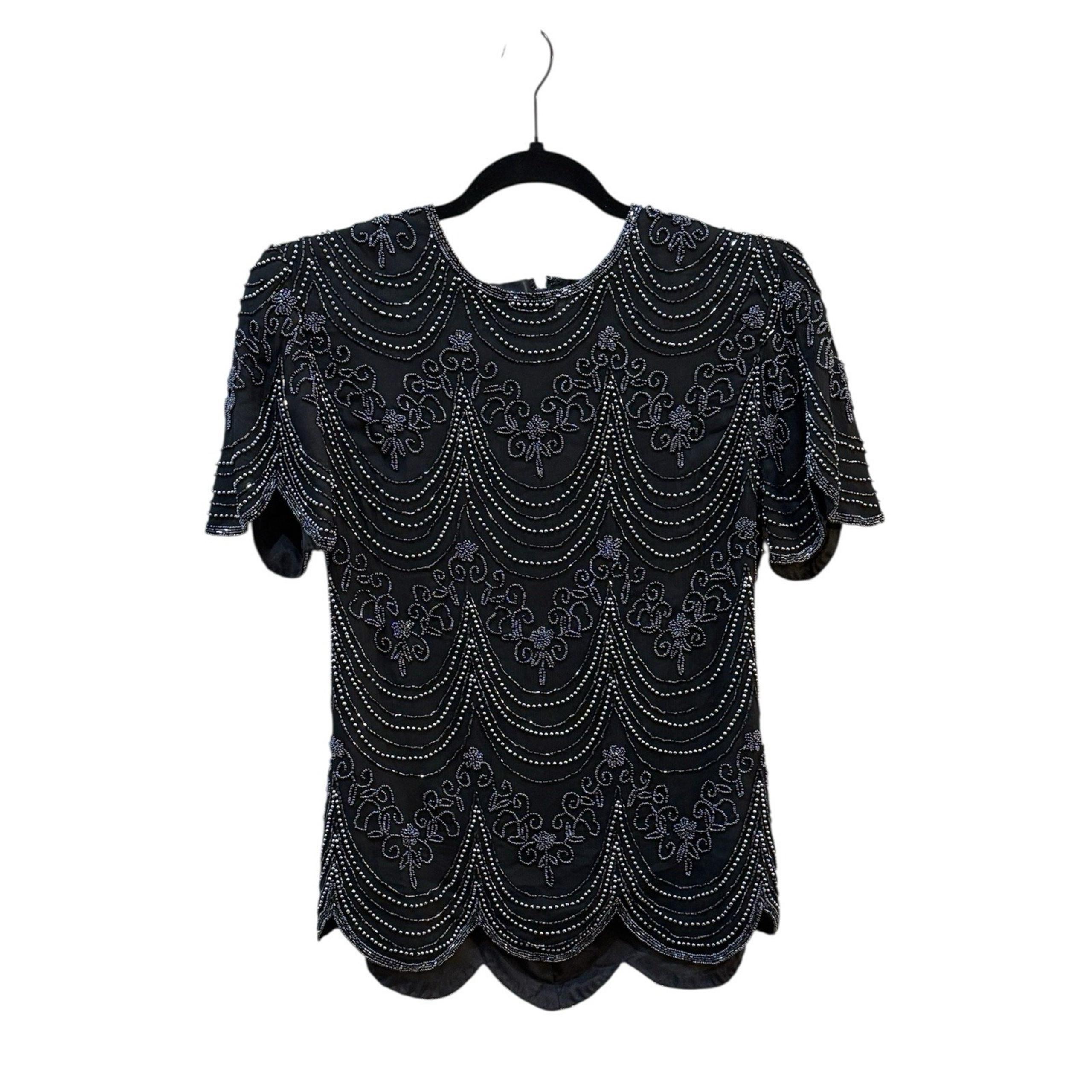 Adrianna Evening Black 100% Silk All Over Beaded Top Small - Papell Boutique
