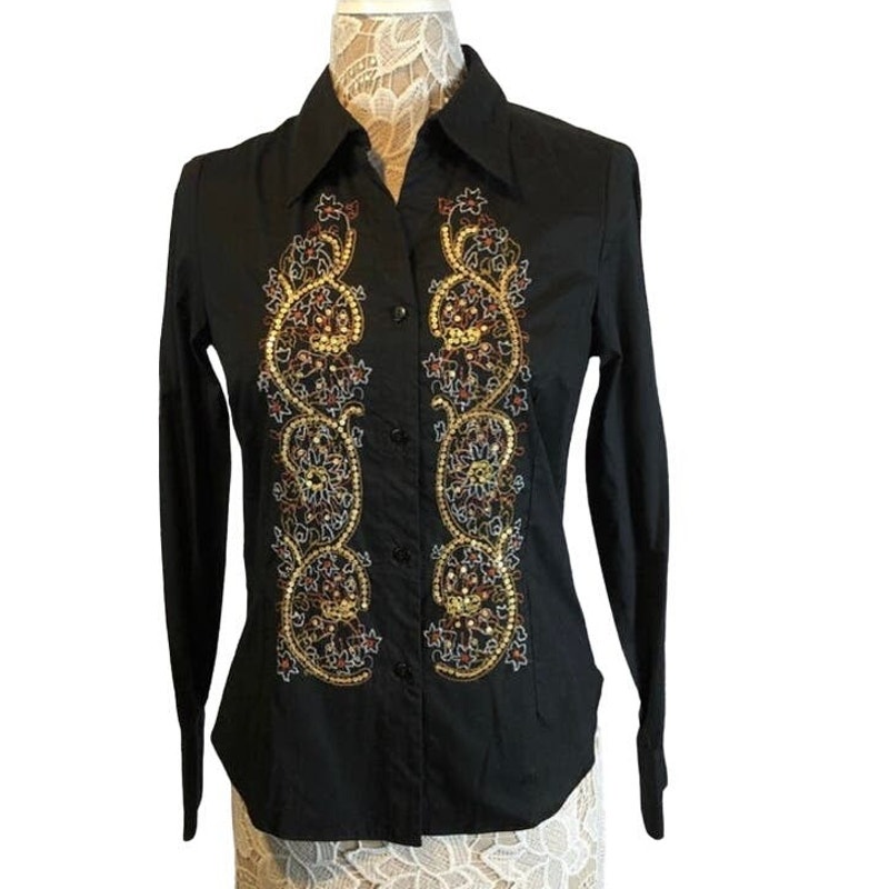 NWT Coldwater Creek embroidery & sequence black button down size XS