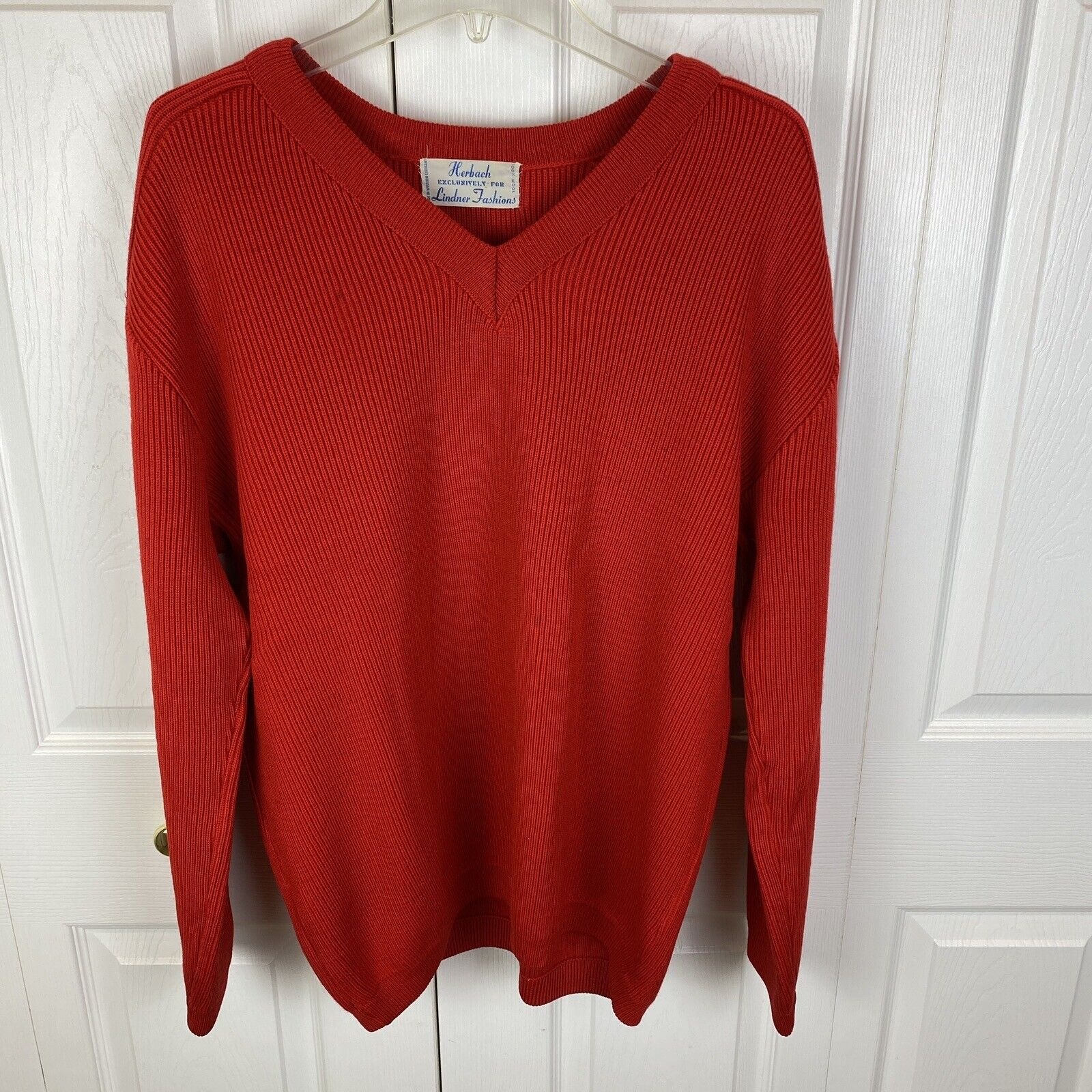 Vintage Herbach Wool Sweater Men's Size Large Red V-Neck Tight Knit Ribbed
