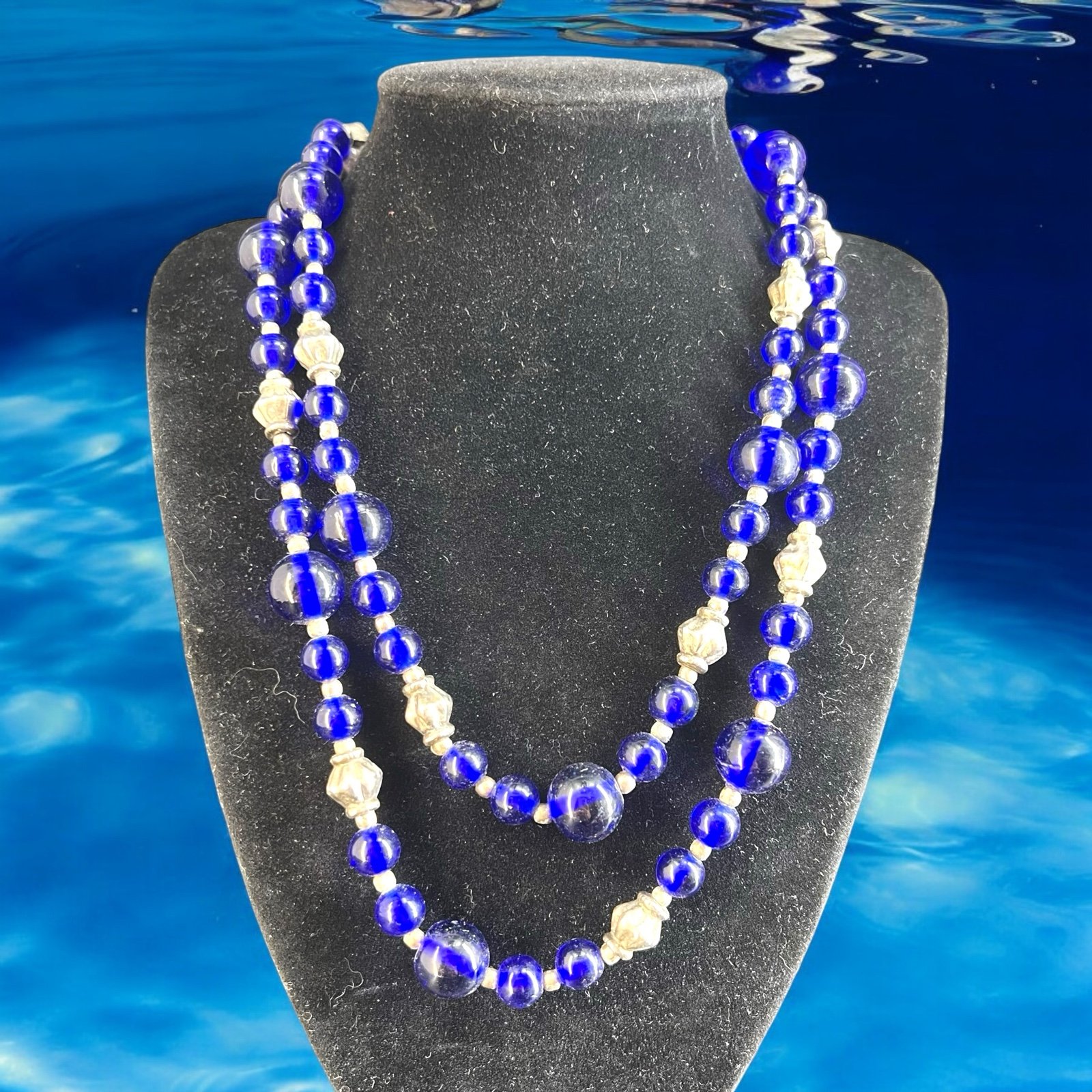 Vtg Czech Glass Art Deco Old Bead Long Necklace Flapper Cobalt Silver Tone Metal