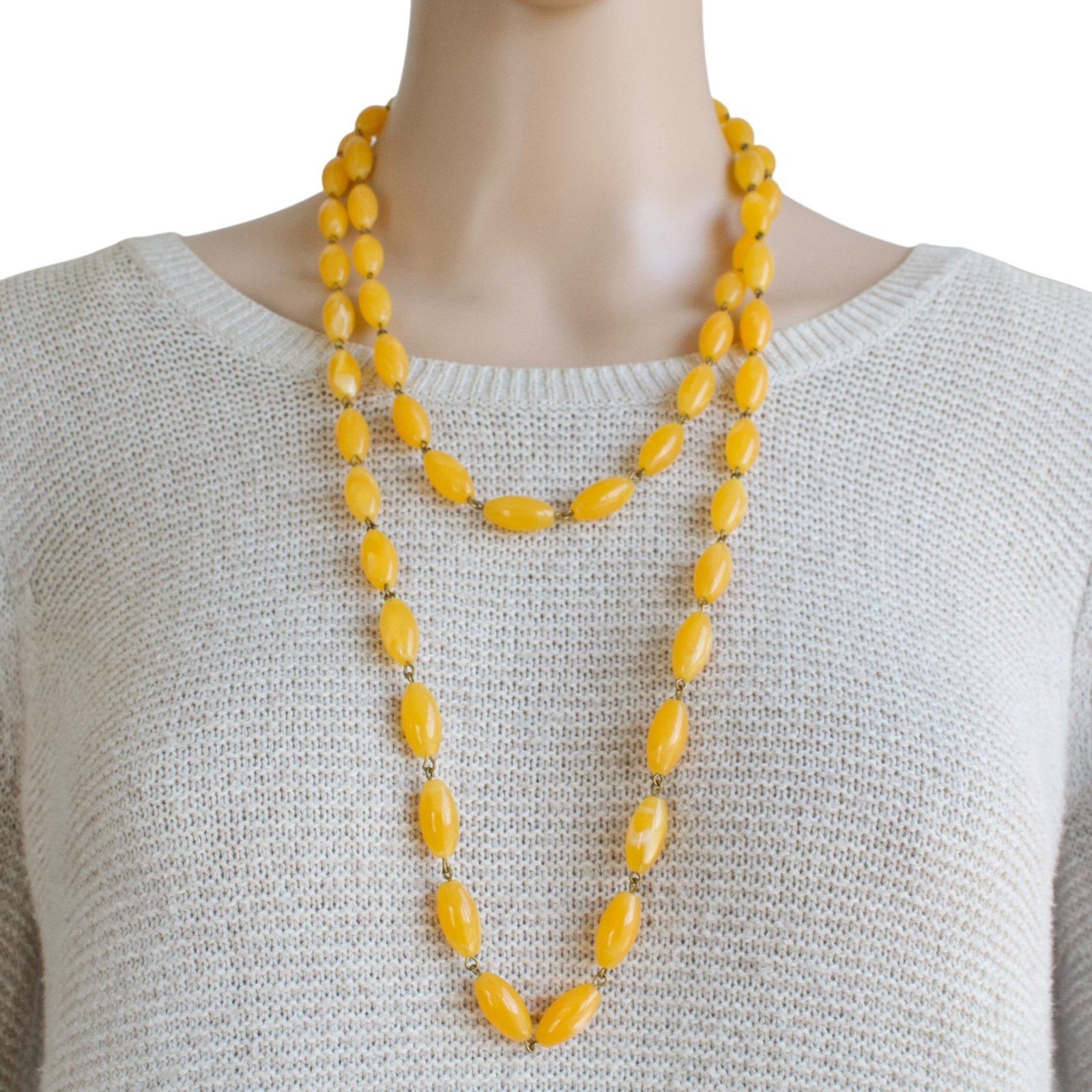 Vintage Yellow Butterscotch Lucite Bead Necklace Extra Long 52” Beaded Chain