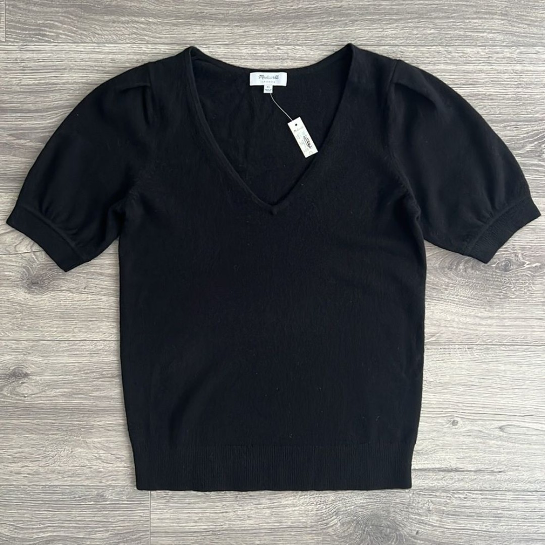 MADEWELL Cashmere Sweater Tee Size XS V-Neck Puff Sleeve Black Minimalist Classy