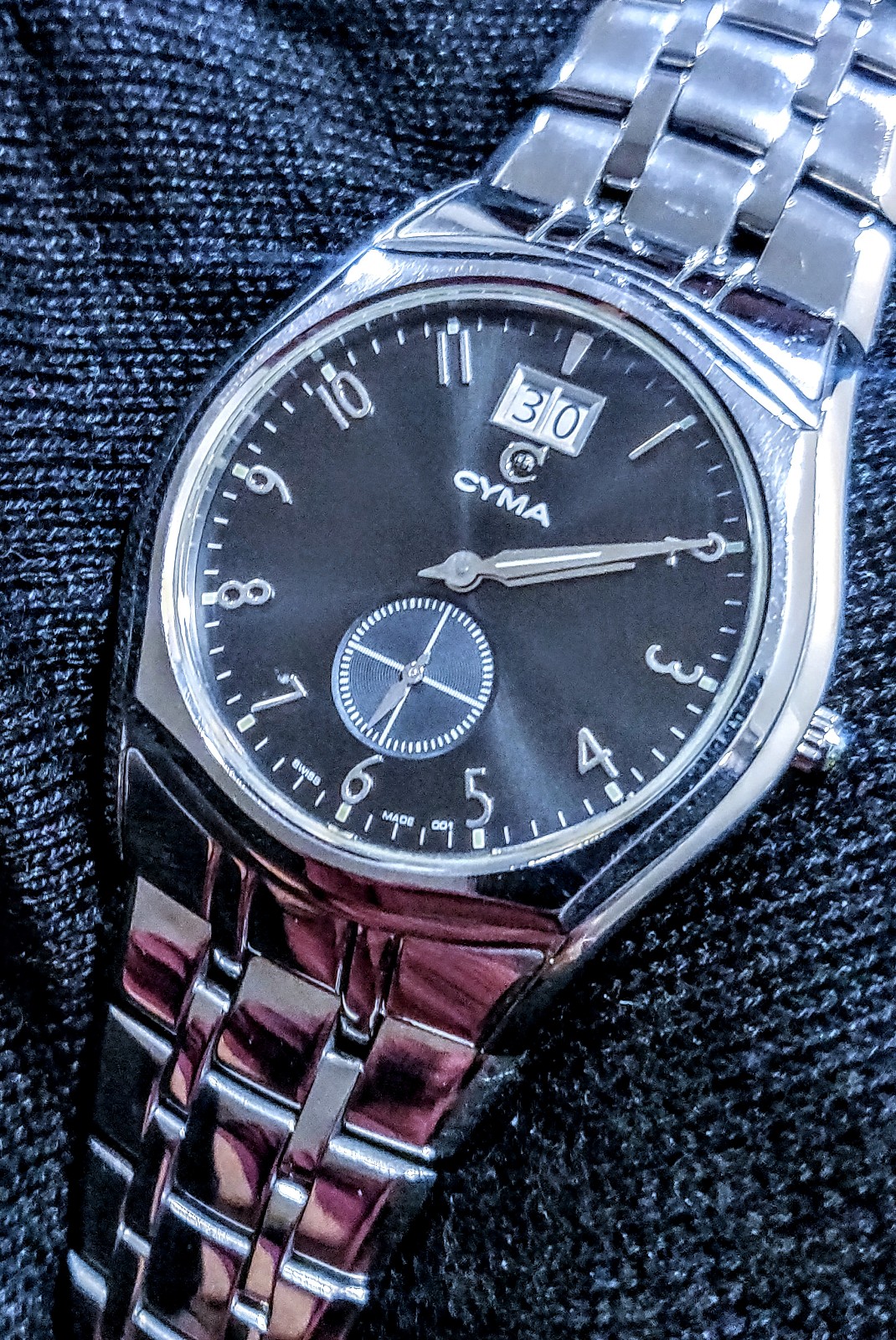 Cyma le-locle swiss made vintage twin date slim men's watch