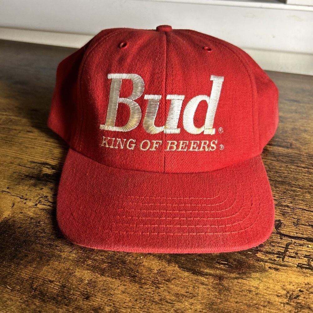 Vintage Bud King Of Beers Trucker Hat Workwear Drinking Cap Red Adjustable OS