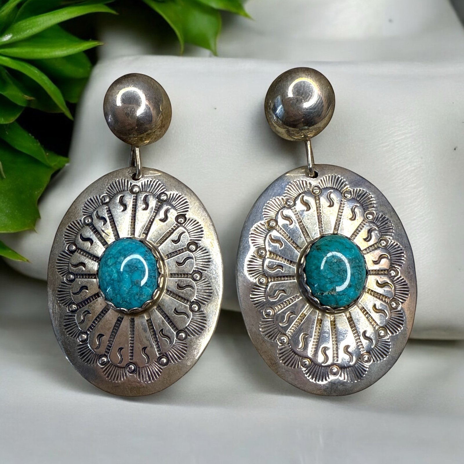 Vintage Navajo Sterling Turquoise Cabochon Larry Sandoval Concho Dangle Earrings