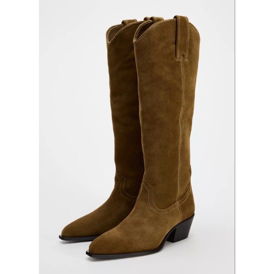 ZARA Sand Brown Split Suede Leather Cowboy Boots BNWT Women SIZE US 10 EU 41