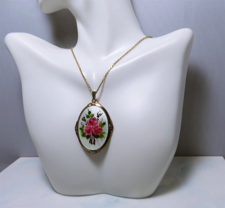Graceful Vintage Gold Over Sterling Silver Cloisonné Rose Pendant & Necklace