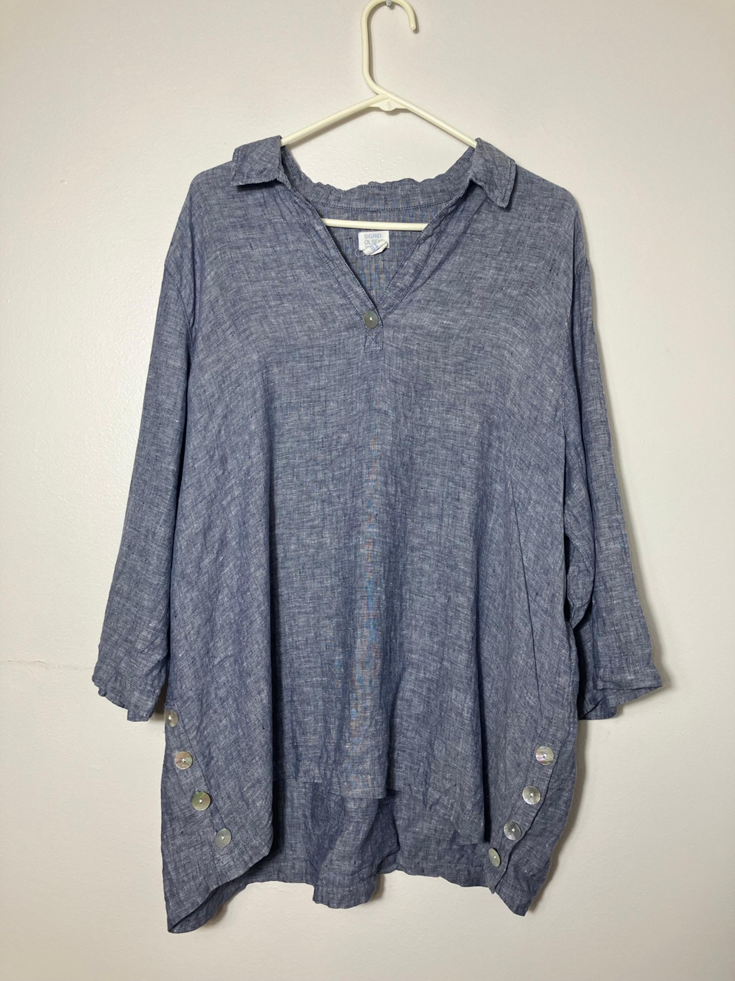 Sigrid Olsen 100% Linen Popover Top Women’s 1XL Blue Long Sleeve Tunic Lagenlook