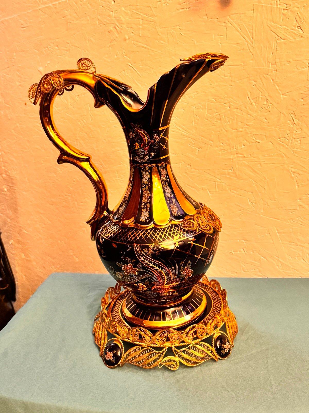 Cobalt Blue Nieman Marcus Pitcher And Plate Cast In Gold Trim