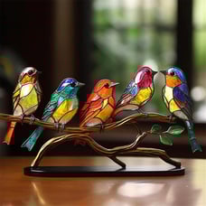 New Stained Metal Flat Double Sided Birds On Branch Desktop Ornaments NEW