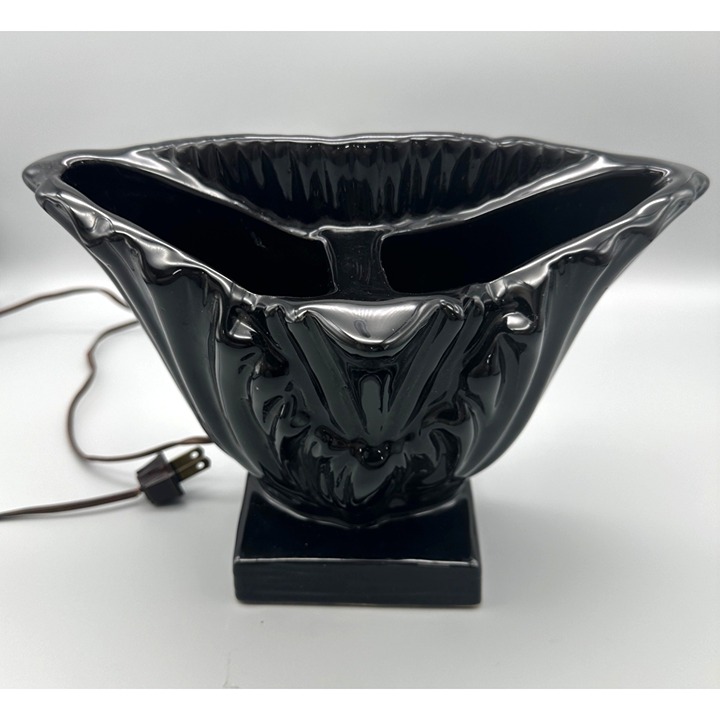 Mid Century Modern TV Lamp Vase Planter With Ornate Design Black Ceramic MCM