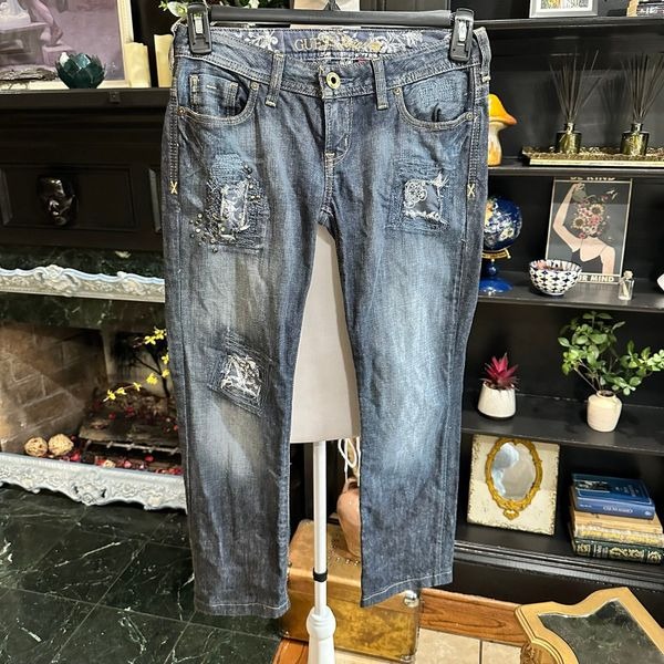 GUESS Distressed Boho Straight Leg Dark Wash Blue Jeans Size 27