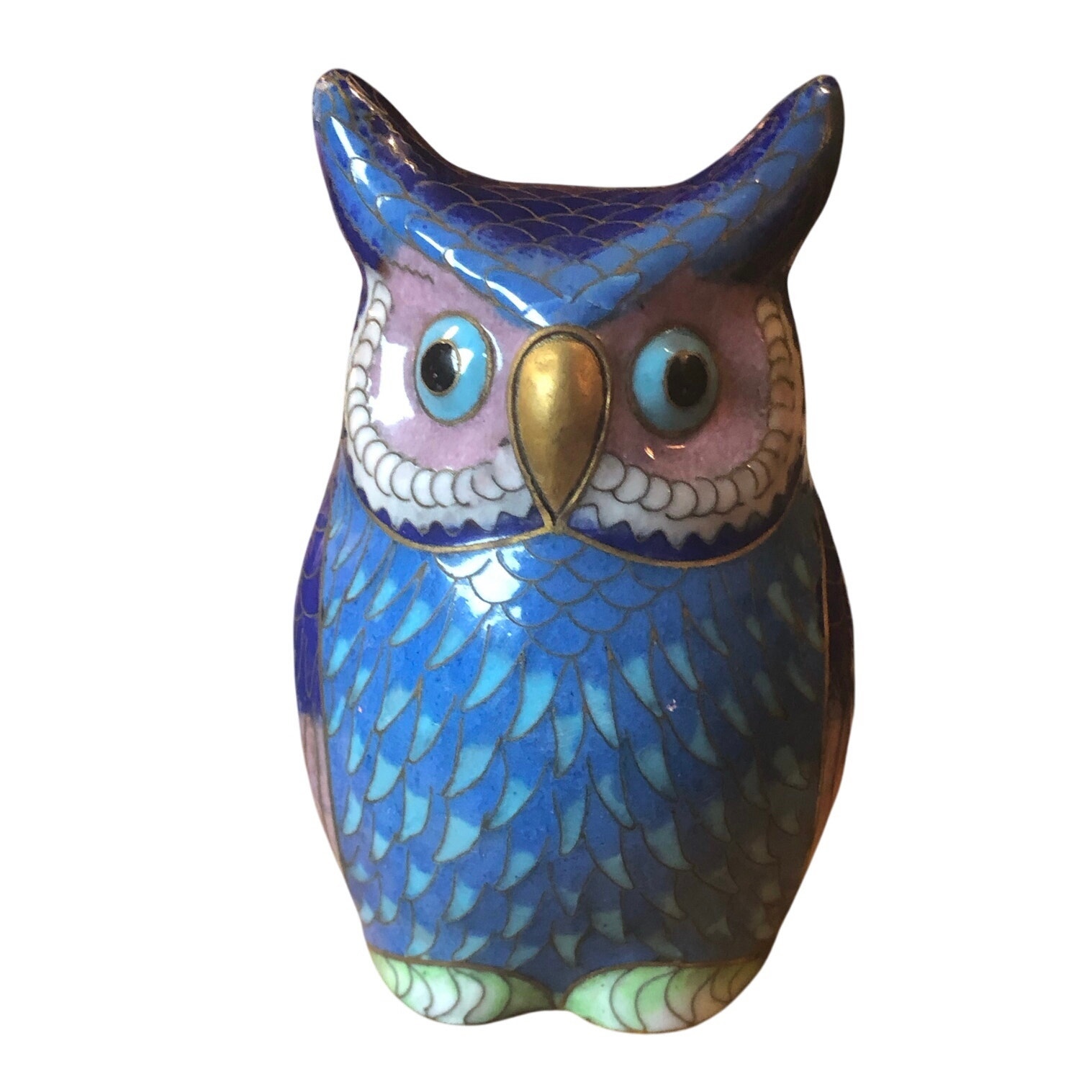 Vintage Cloisonné Horned Owl Blues Gold Outlined Feather Detailing Enameled 4”