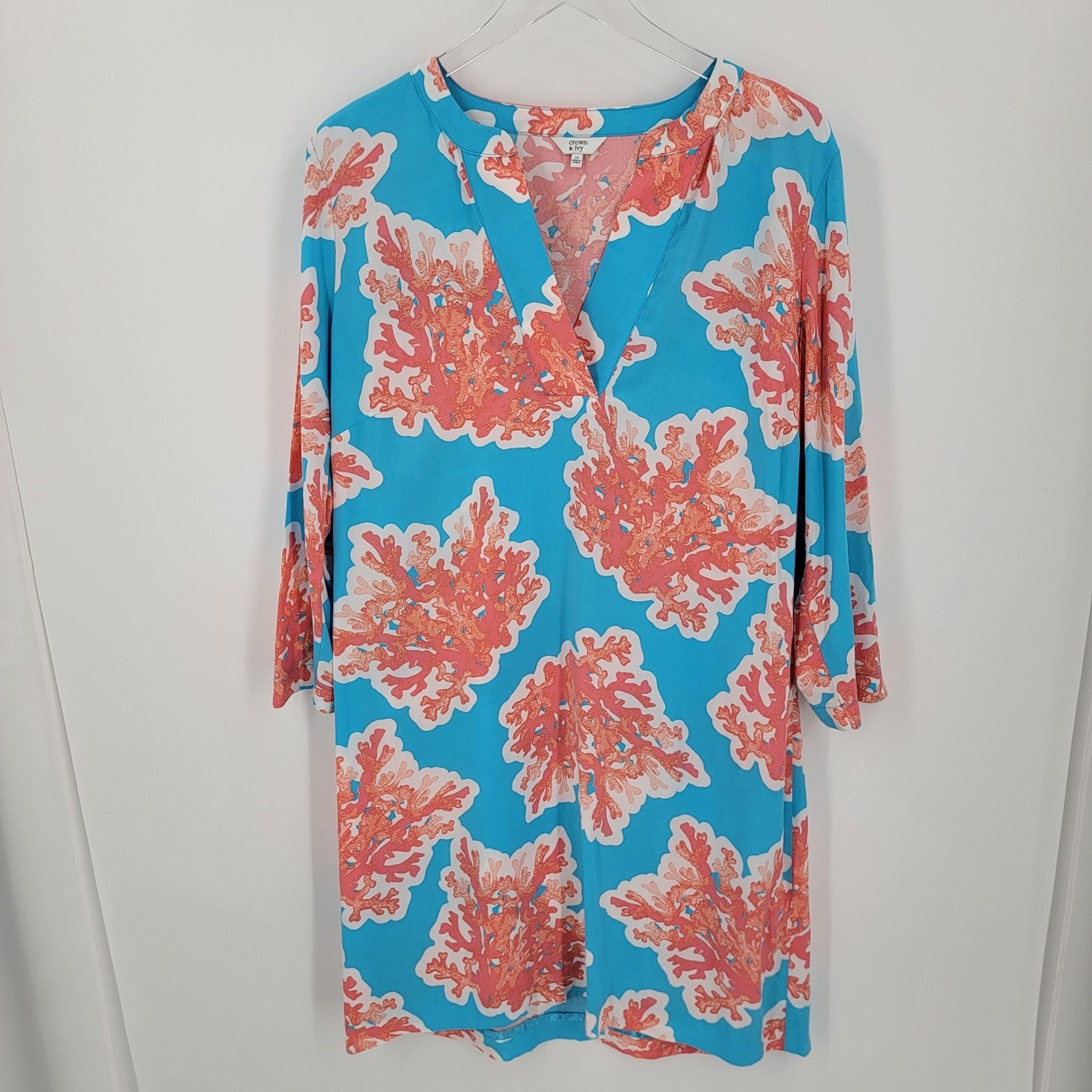 Crown & Ivy Dress Womens 12 Cover-up Coral Print Orange Blue Tropical Coastal