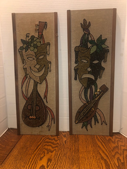 1960's Set Mosiac Gravel Wall Art Hangings Comedy and Tragedy 24 x 9