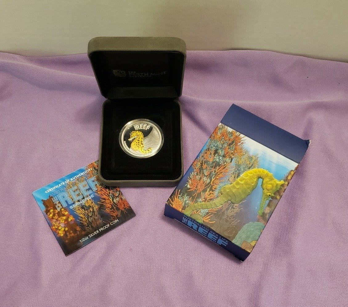 The Reef Sealife Seahorse 1/2oz .999 Silver Coin with Display Box and COA