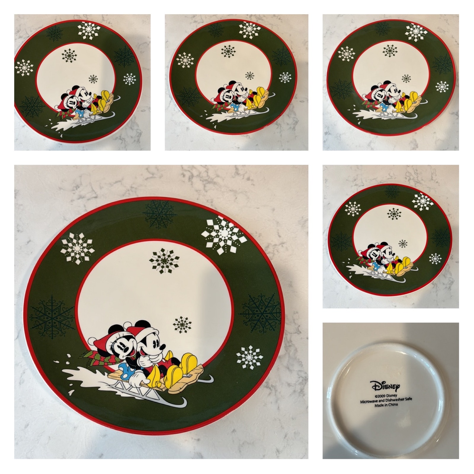 Rare Disney Mickey and Minnie Mouse on sled Christmas dinner plates set of 5