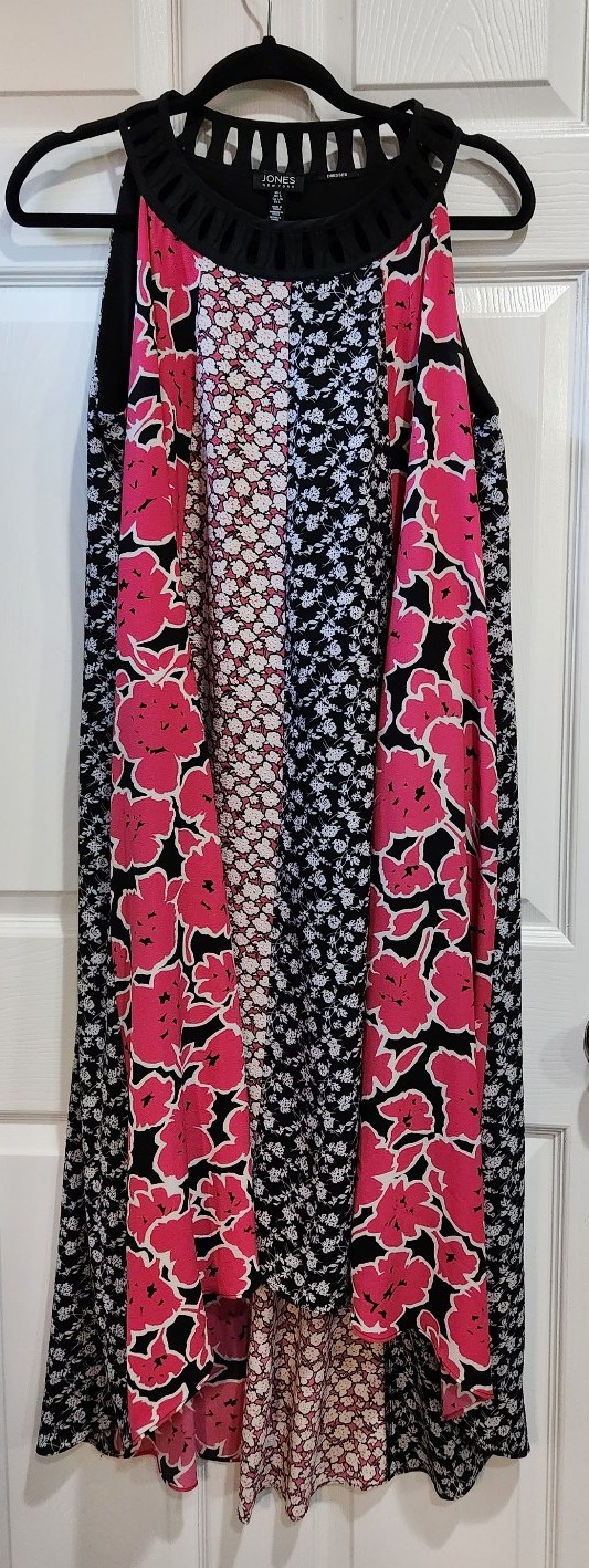 Jones New York black pink floral asymmetrical hem dress size L