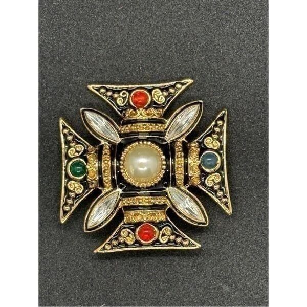 Fabulous Vintage 1980s? Gold And Black Gripoix Maltese Cross Classic Statement B