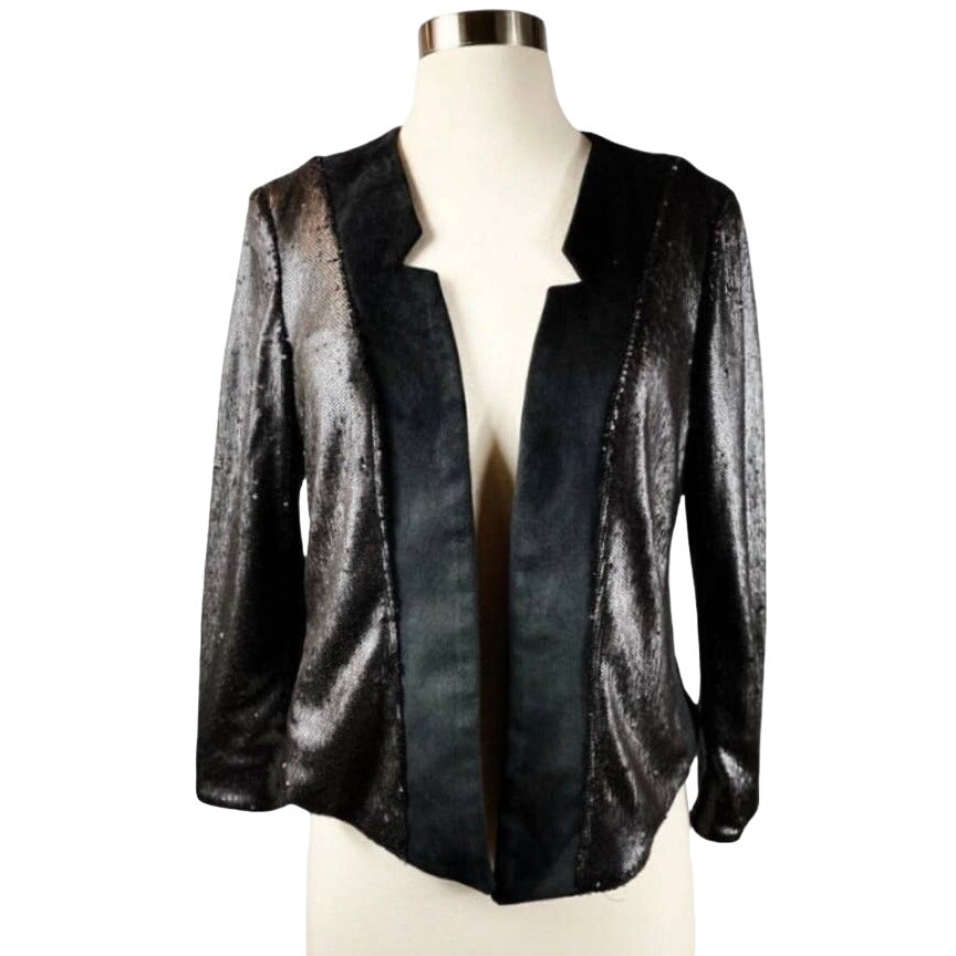 ANTHROPOLOGIE Sequined Open Jacket Shonda Black Cropped Evening Party Small NWT