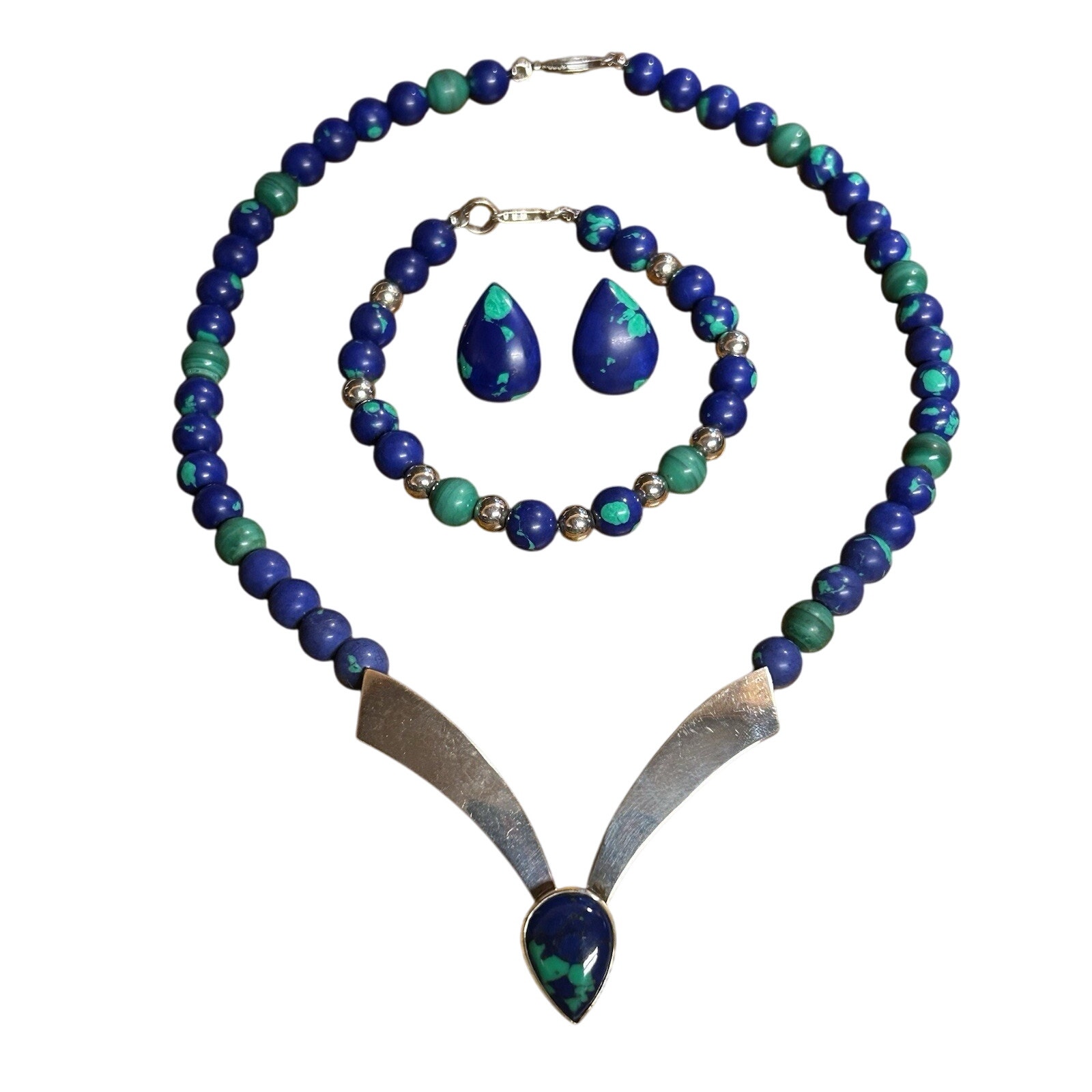 Sterling Silver, Malachite and Azurite Necklace, Bracelet and Earring Set
