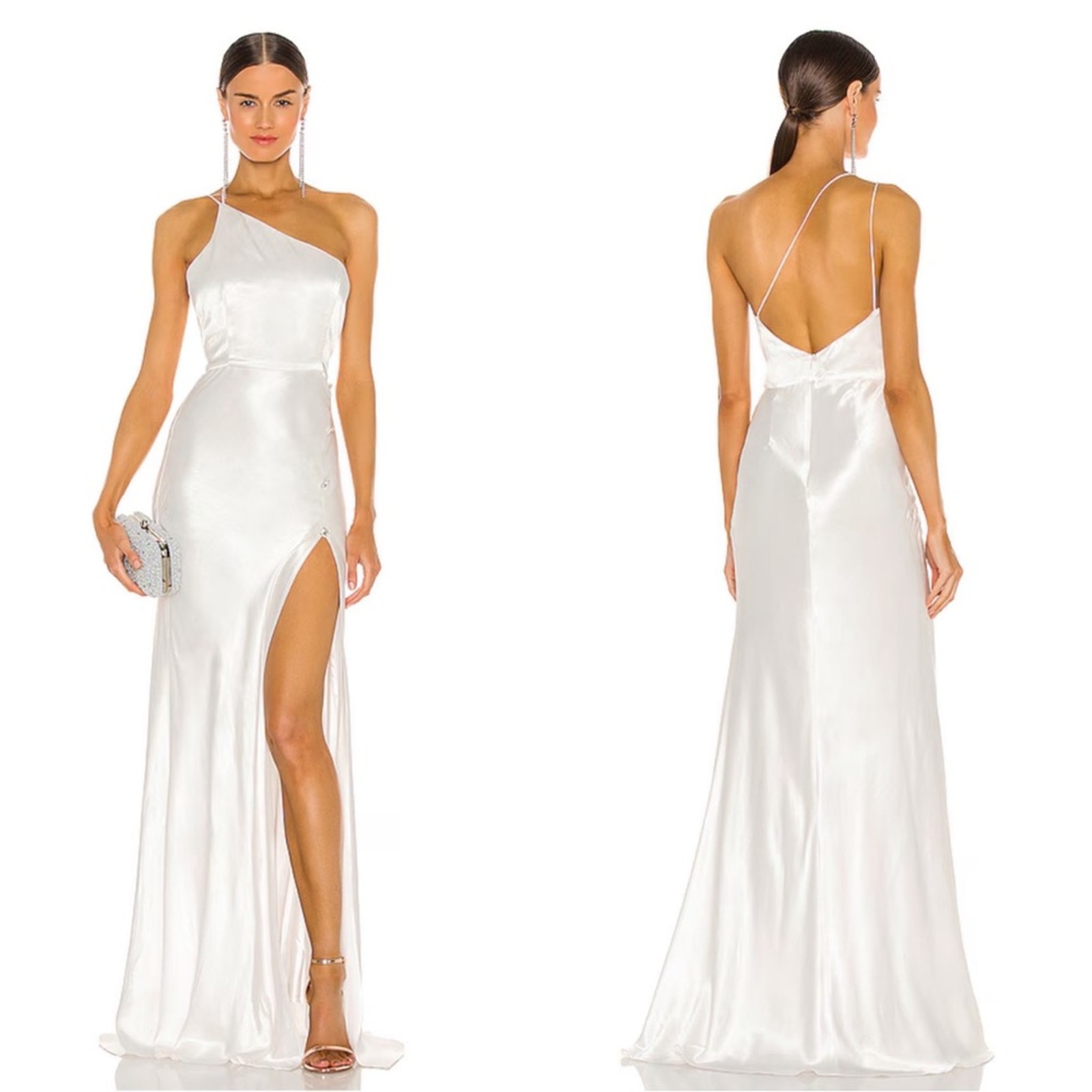 Sau Lee Hailey Ivory White One Shoulder Crystal Button Detail Maxi Gown Size 6
