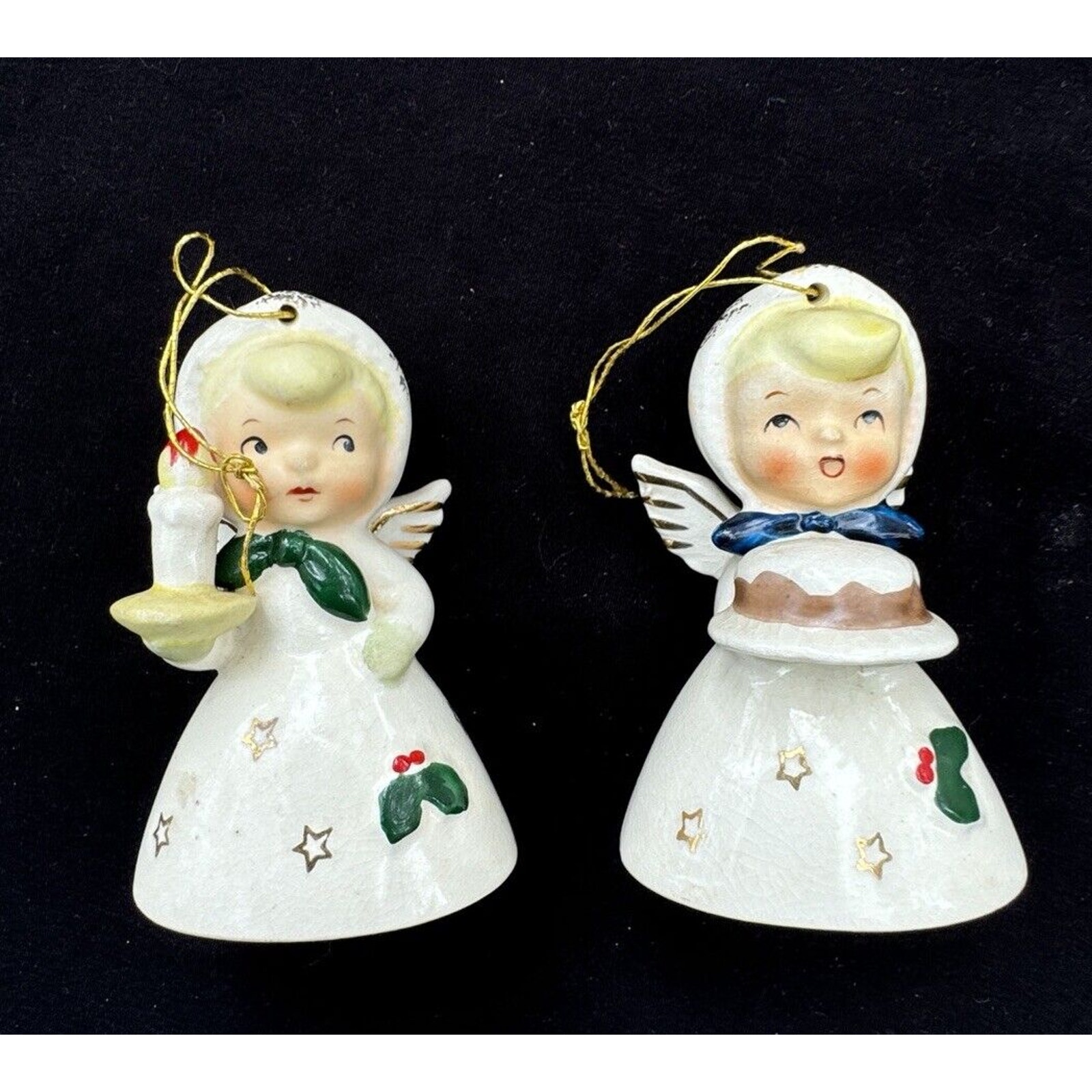 Two 1958 Holt Howard Porcelain Miniature Pixie Angel Stars Bell Ornaments-S1