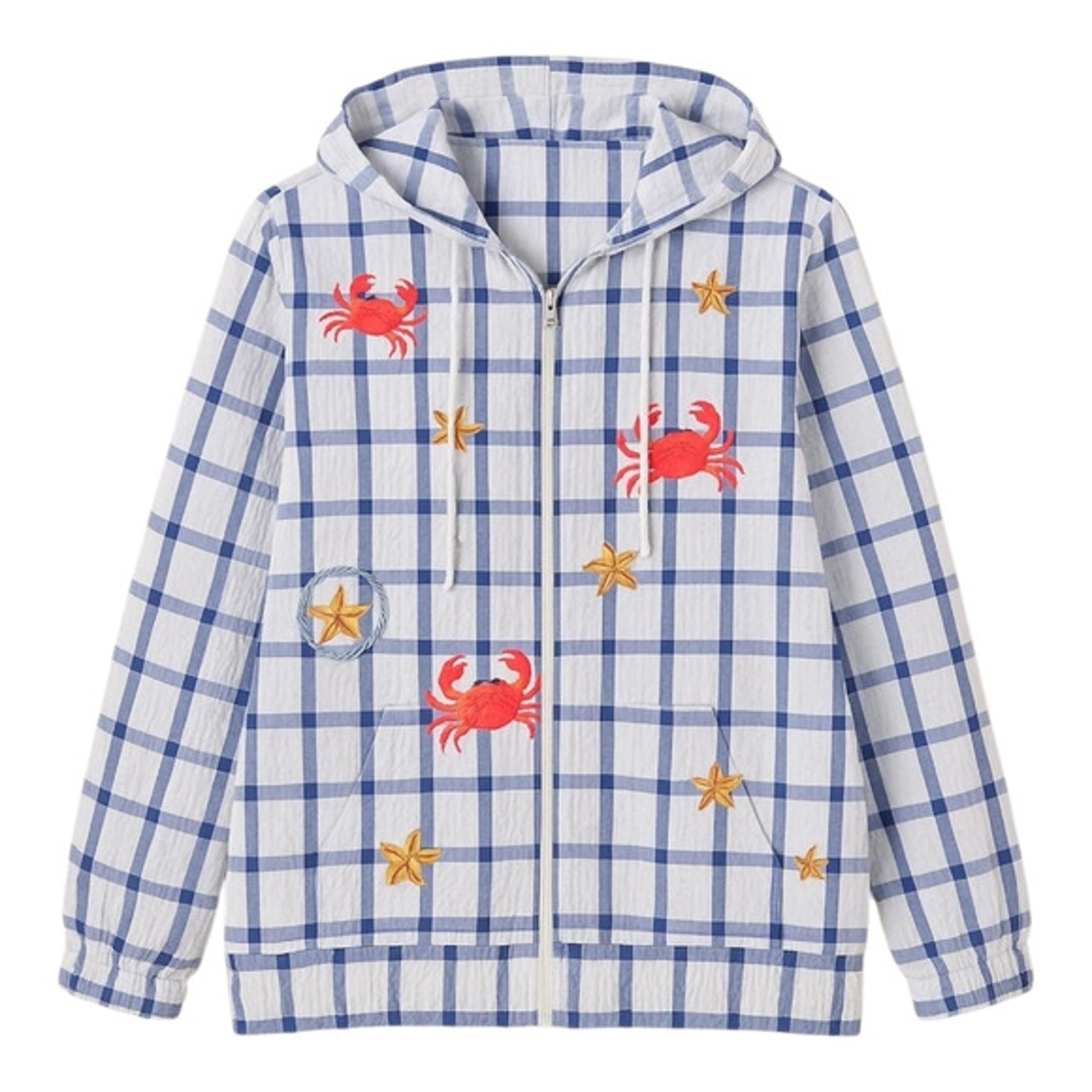 QUACKER FACTORY 1X Jacket Seersucker Beachy Crab Hood Cotton Coastal Grandmacore