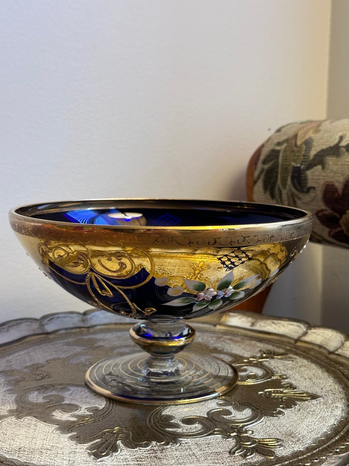 Antique Bohemian Czech Glass cobalt gold decorative bowl