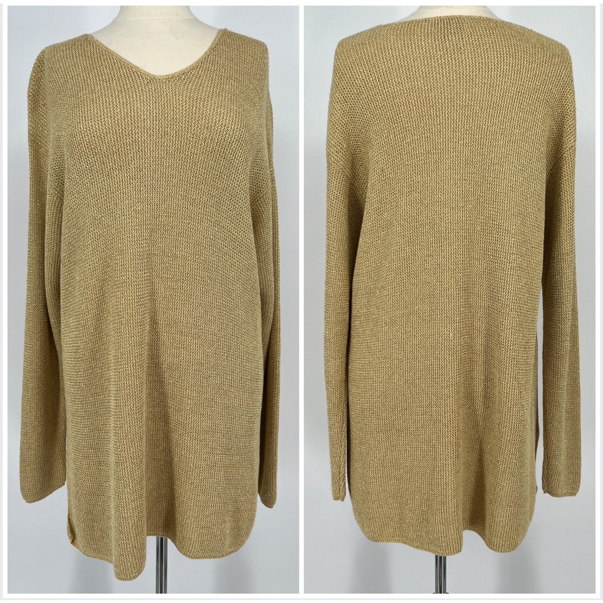 Vintage Nordstrom Tunic Sweater Metallic Gold Cotton Blend Large V Neck Pullover