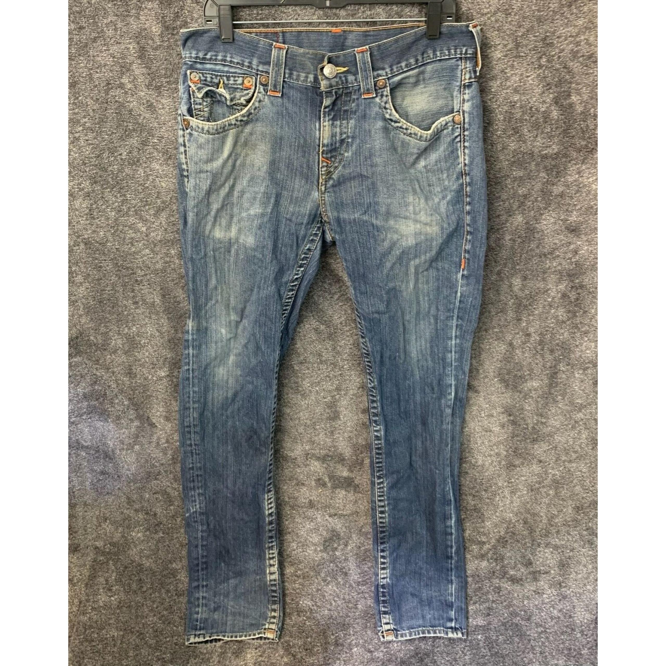 True Religion Jeans Men's Size 32 Straight Leg Blue Denim Rope Orange Stitch