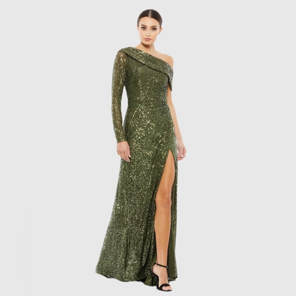 Size 14 IEENA FOR MAC DUGGAL 26571 NWT Green Sequined Drop Shoulder Faux Wrap G