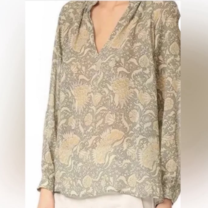 VINCE Floral pleat-neck semi-sheer silk blouse in neutral colors size XS