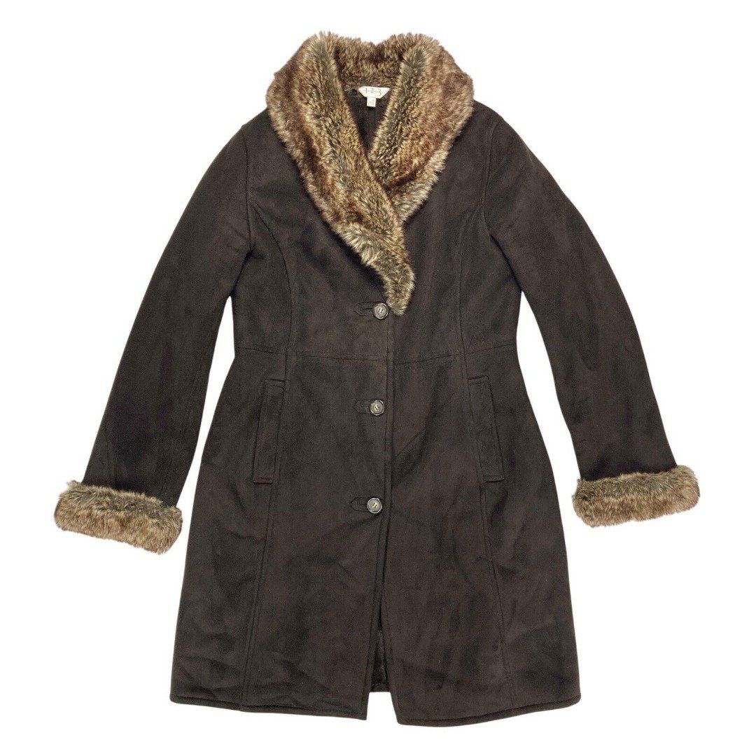 Un Deux Trois 123 Paris Penny Lane Coat Womens Sz 10 Brown Fur Trim 90s Pea Coat
