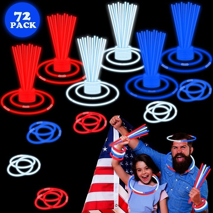 4th of July Kids Party Favors Supplies, 72 PCS Red White Blue Glow Sticks