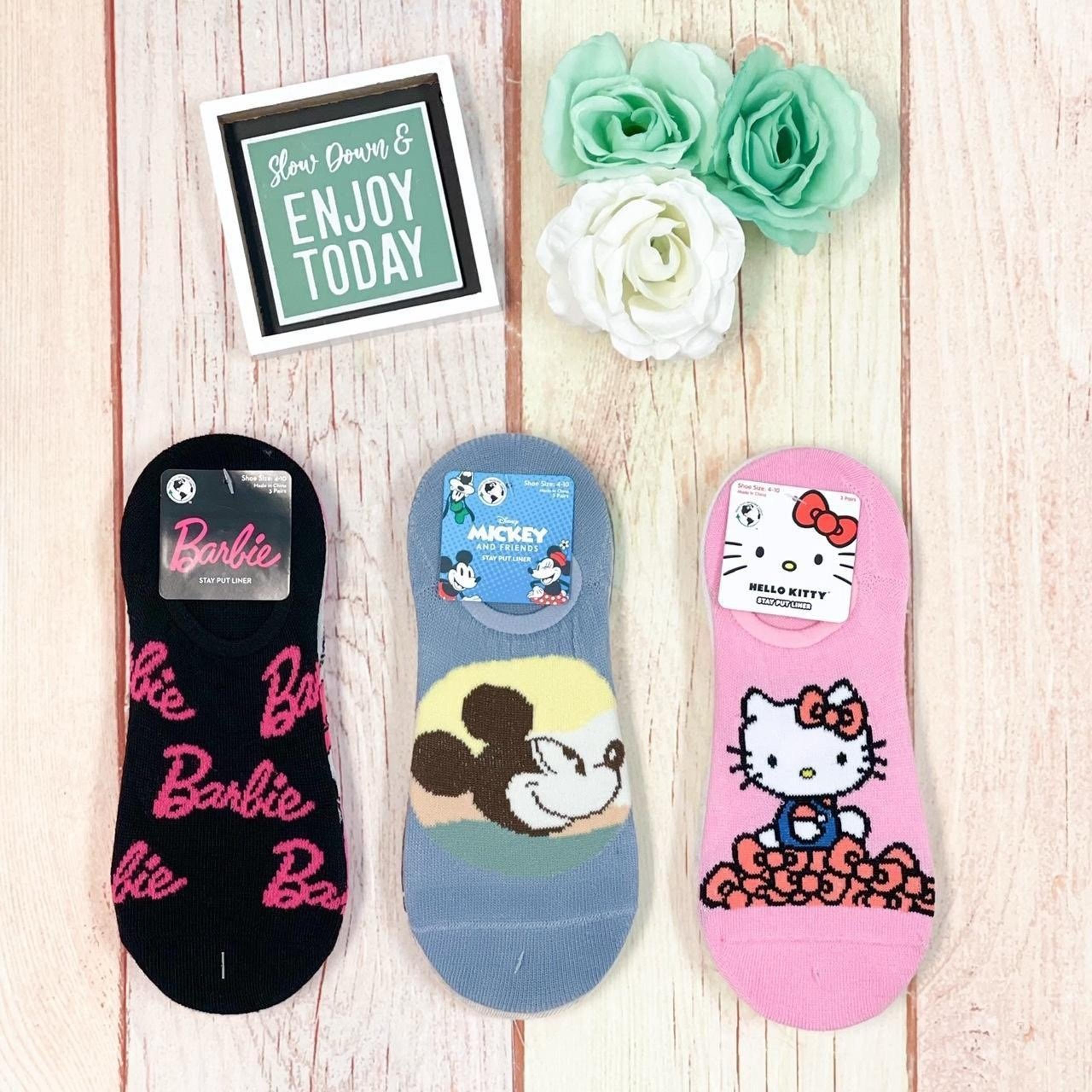 Barbie Hello Kitty and Mickey Mouse Women’s 3 Pack No Show Sock Bundle NEW