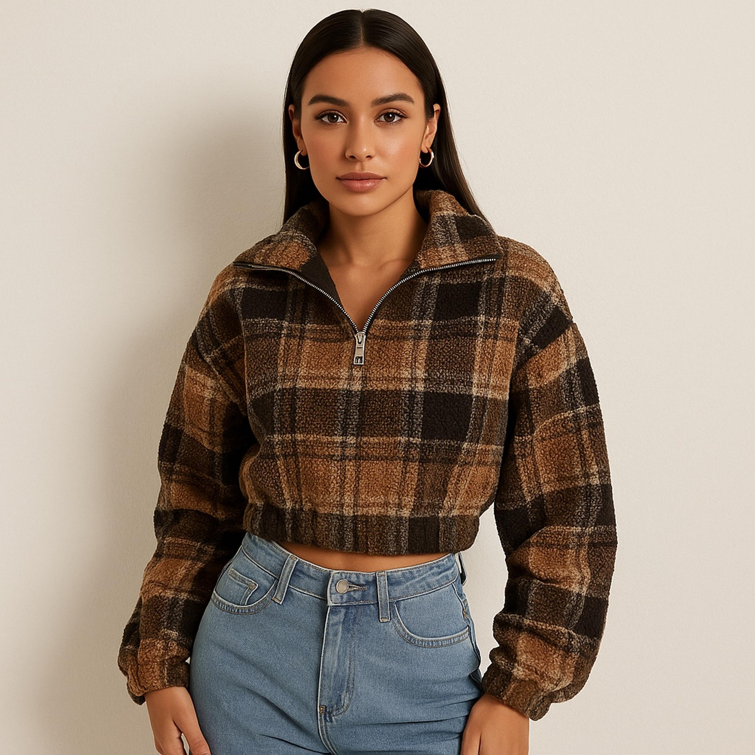 Zaful Plaid Faux Fur Crop Pullover – Cozy Half Zip Sherpa Sweatshirt | Size M