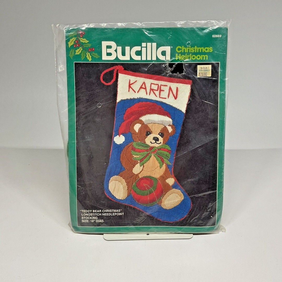 DIY Bucilla Teddy Bear Christmas Santa Hat Needlepoint Stocking Kit 60669 RARE