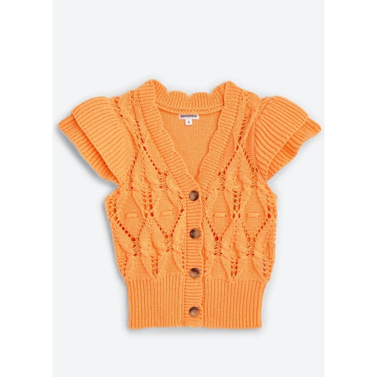 Visgoss LARGE Ruffle Sleeve Pointelle Knit Crop Button Down Cardigan Orange NEW
