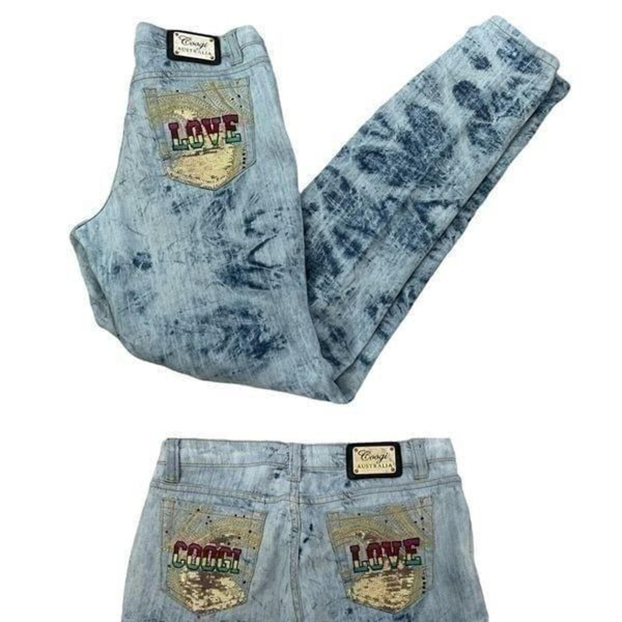COOGI Australia Jeans LOVE Embroidered Sequin Women's 9/10 Distressed Jeans Y2K