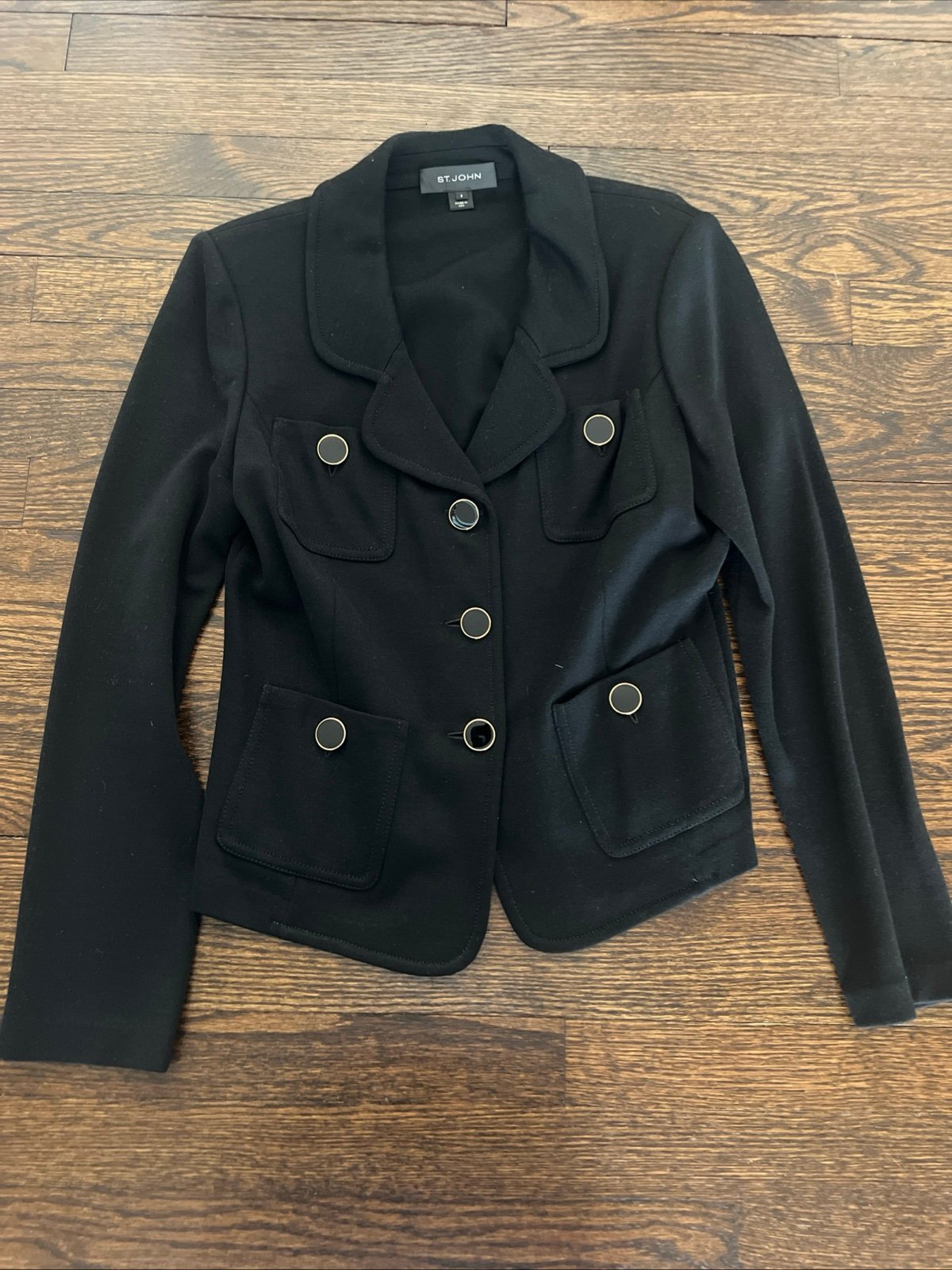 St John Blazer Women’s Sz 8 Black With Black And Gold Buttons Jacket Coat USA
