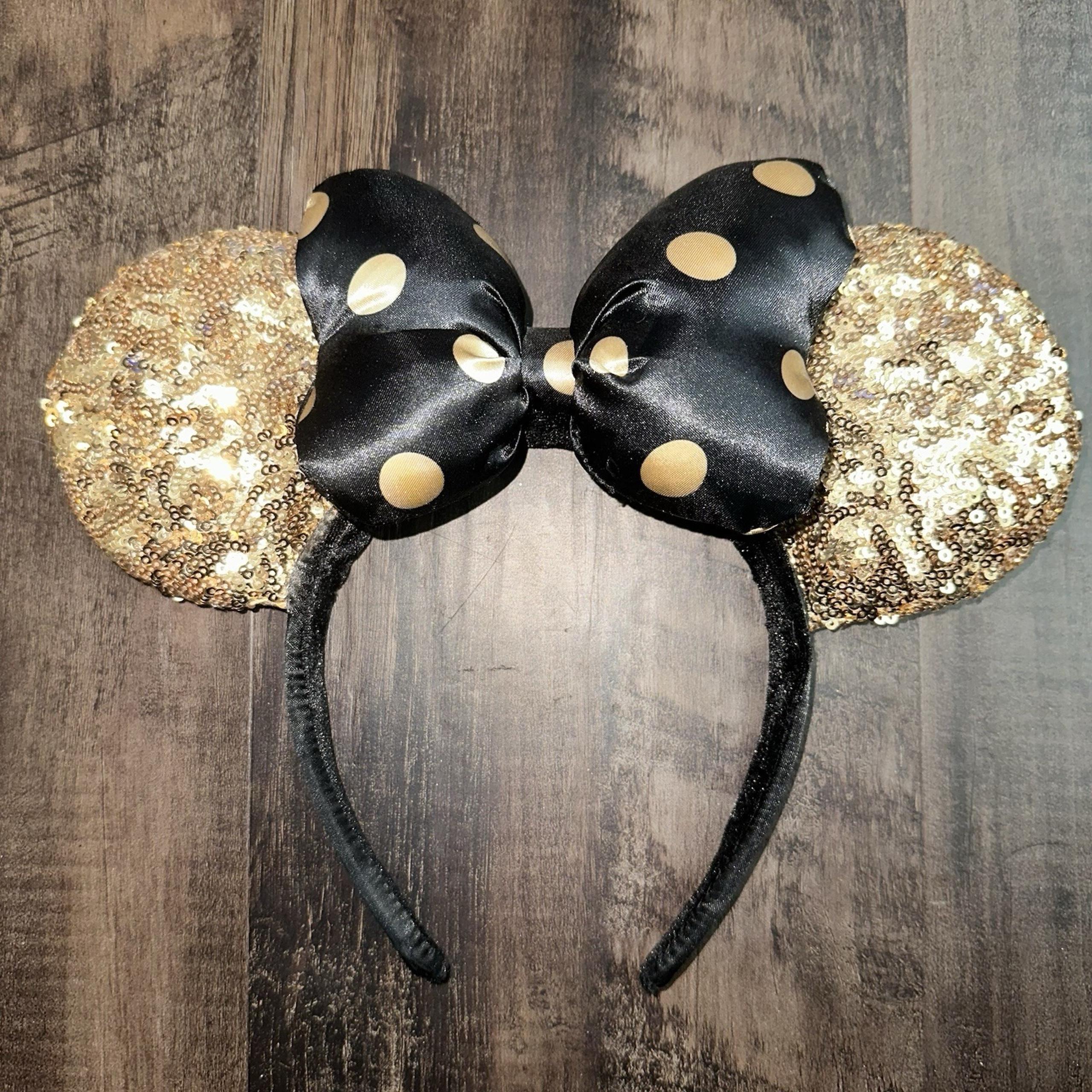 Disney Parks Paris Gold Sequin Minnie Ears Headband Black & Gold Polka Dots Bow