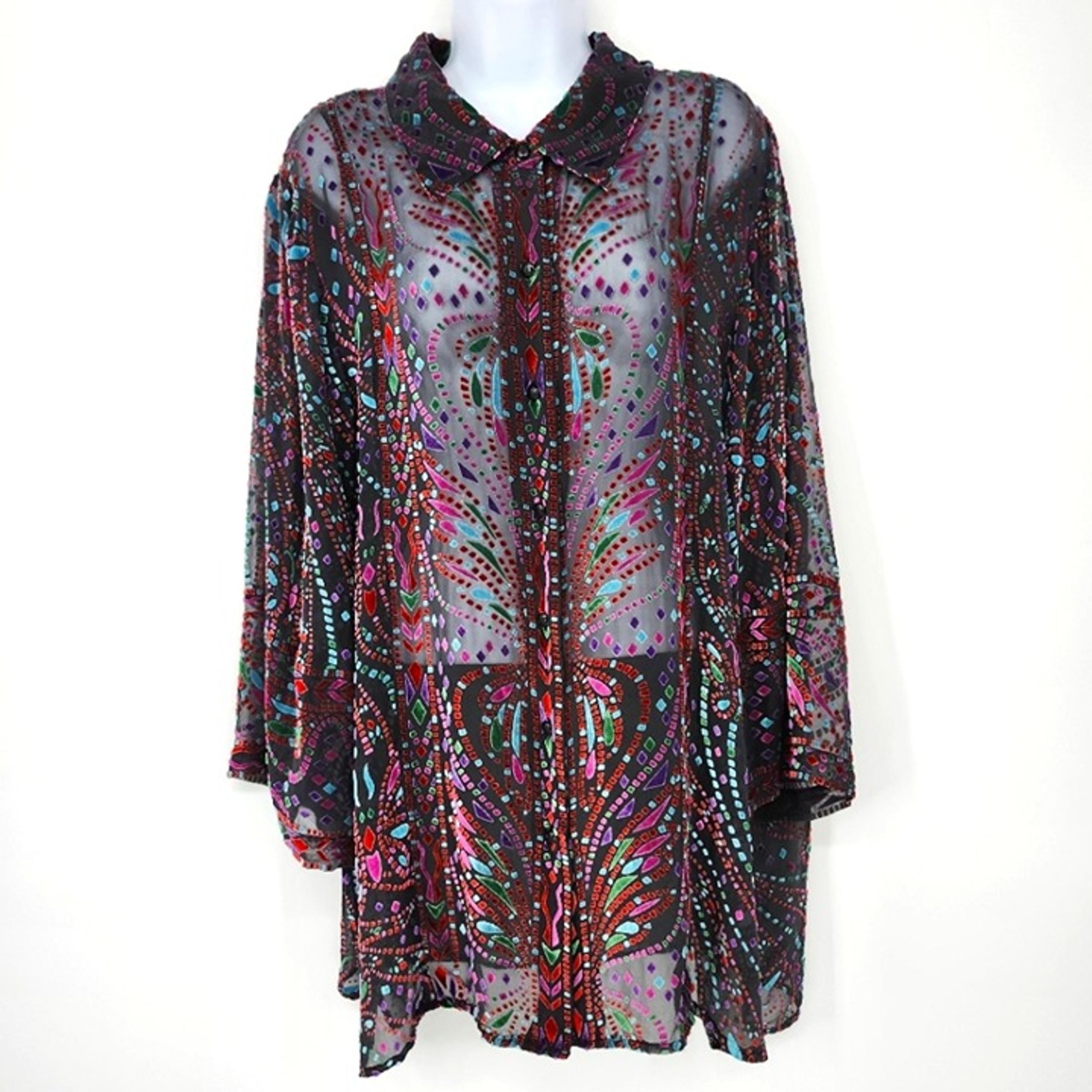 Bob Mackie Womens Velvet Burnout Top Size 1X Colorful Silk Blend Maximalism