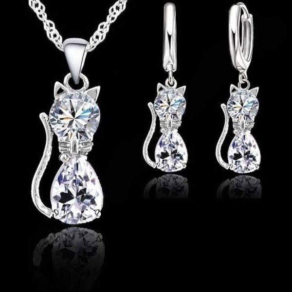 The Couture Cat Pendant Necklace and earrings set in sterling silver