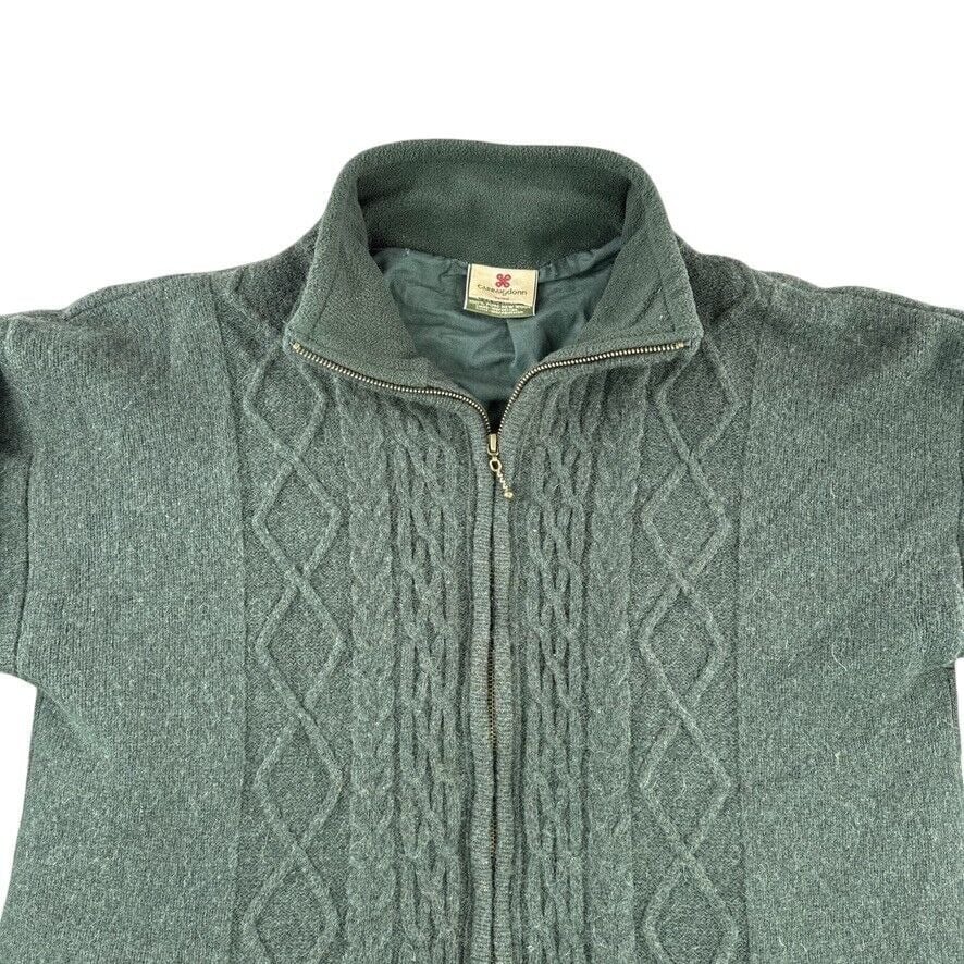 Carraig Donn Sweater Mens XL Green Full Zip Jacket Wool Cable Knit Ireland