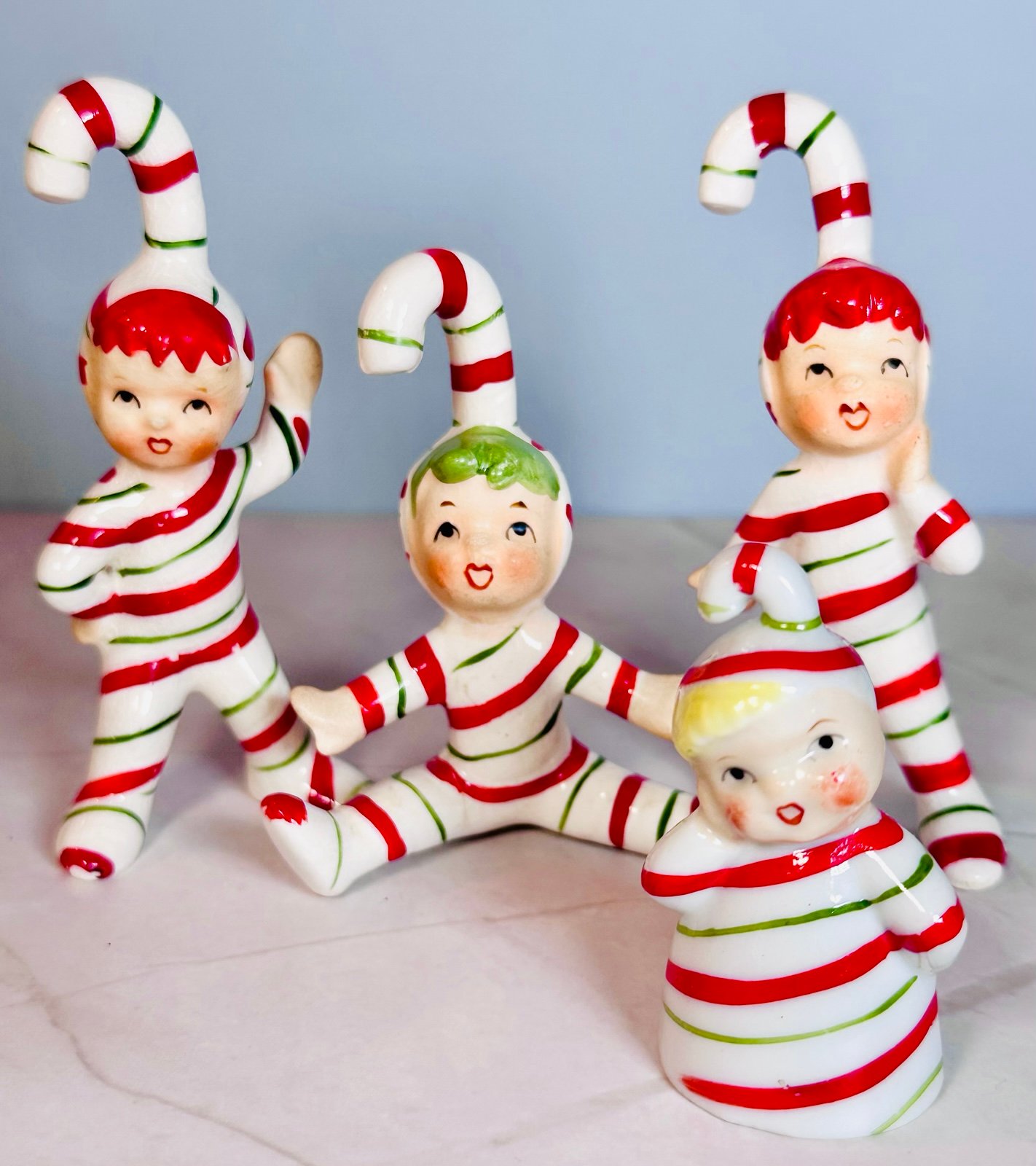 1950s Lefton Candy Cane Kids w Bonus Candy Cane Baby Bell